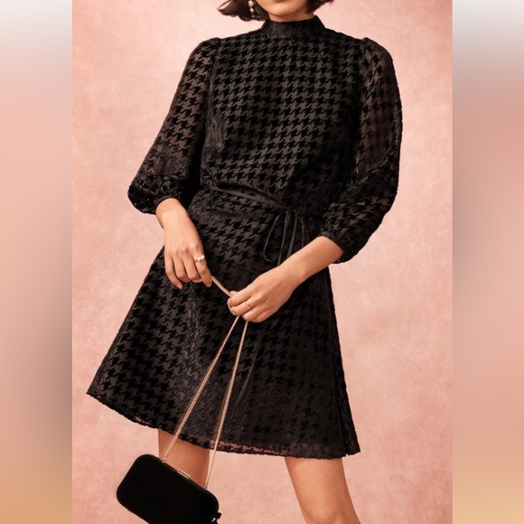 Ann Taylor Dresses & Skirts - Ann Taylor NWT Black Houndstooth Sheer Sleeve A-Line Belted Dress Size 16